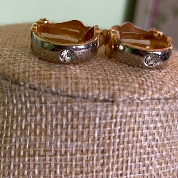 Elegant Gold and White Crystals Clip On Hoop Earrings - Picture 3 of 3